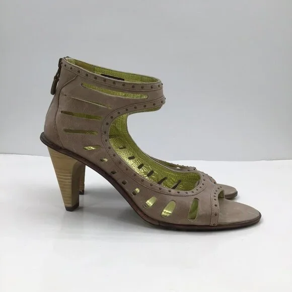 GLAM Size 9 Tsubo Sandals Heels Pumps Open Toe Strappy Taupe Gold Lined Ankle - Picture 7 of 13